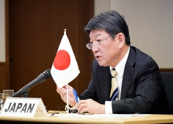 G7貿易大臣第2回会合(オンライン開催)に臨む茂木外務大臣の様子