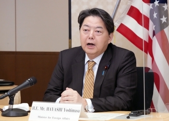 日米「2+2」で発言する、林芳正外務大臣の様子