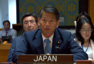 山田副大臣の国連安保理ハイレベル公開討論における発言の様子