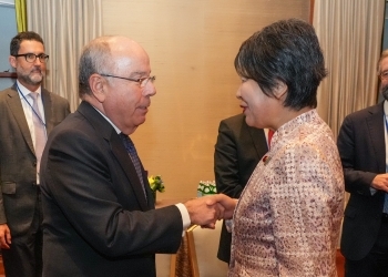 向かい合い、握手を交わす、両外相の様子