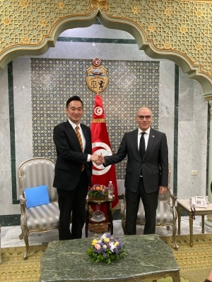 アンマール・チュニジア外相と握手をする深澤外務大臣政務官