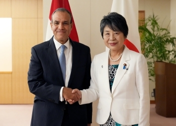 アブデルアーティー大臣と握手する上川外務大臣