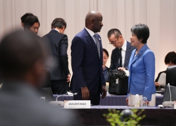 モーリタニア外相と立ち話をする上川外務大臣