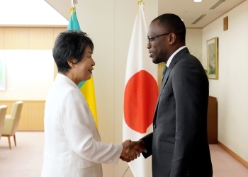 目線を合わせてバカリ・ベナン共和国外務大臣と会談する上川外務大臣