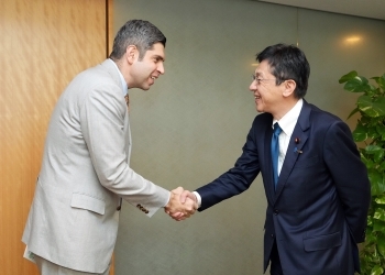 向きあって握手する松本外務大臣政務官と駐日ジョージア大使