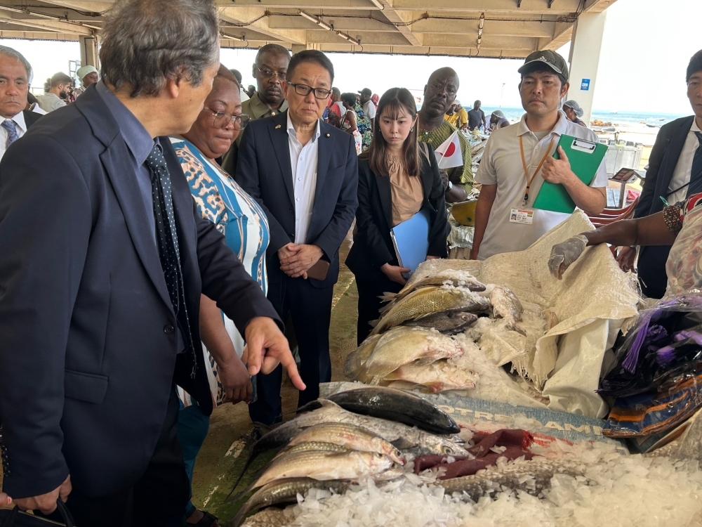 リーブルビル零細漁業支援センターを視察する江島総理特使