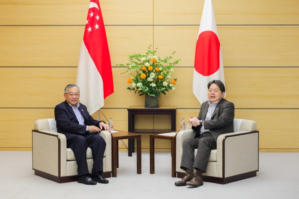 会談中の林官房長官とガン副首相兼貿易産業大臣の様子