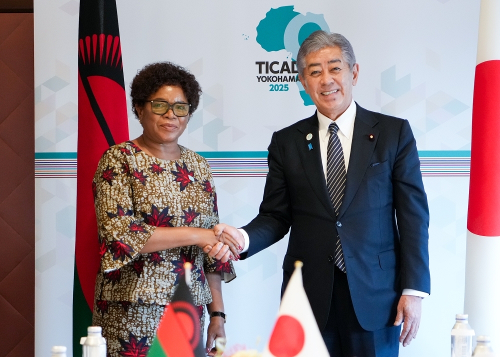 握手をする岩屋外務大臣とテンボ・マラウイ外務大臣