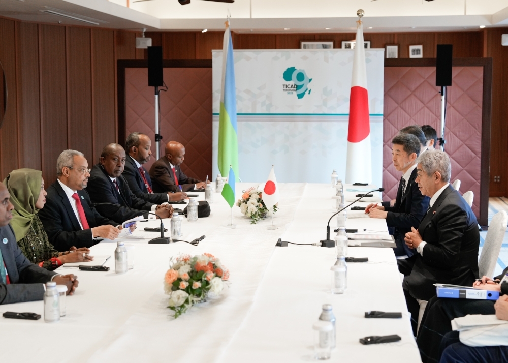 会談する岩屋外務大臣とアブドゥルカデル・フセイン・オマール・ジブチ共和国外務・国際協力大臣