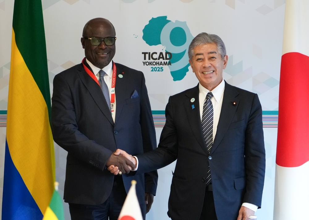 オナンガ・ママドゥ・ンディアイ外相と握手する岩屋外務大臣