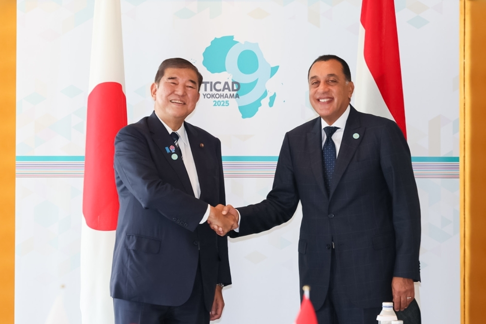 マドブーリー首相と握手する石破総理大臣