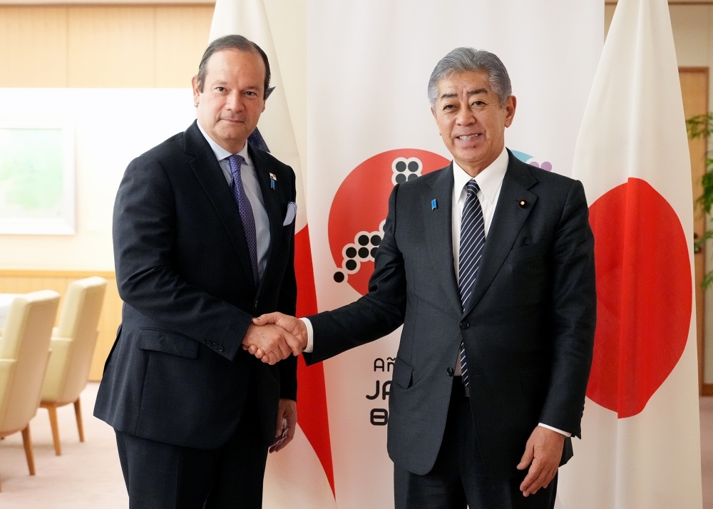 マルティネス＝アチャ外相と握手する岩屋外務大臣
