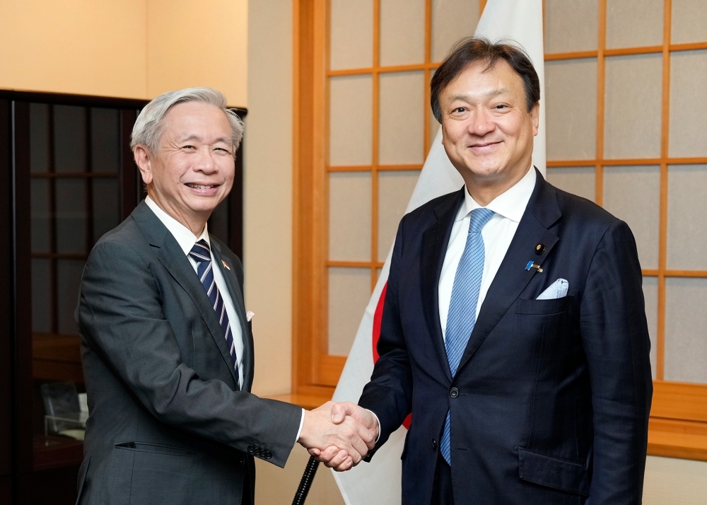 握手をする堀井外務副大臣とコー・シンガポール・サイバーセキュリティ庁長官