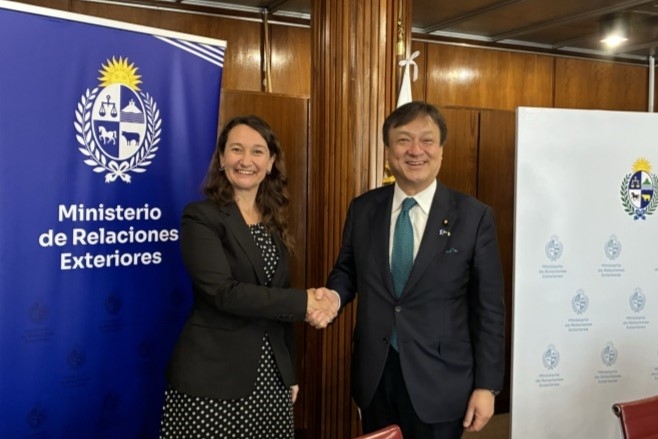 握手をする堀井副大臣とスカシ外務次官