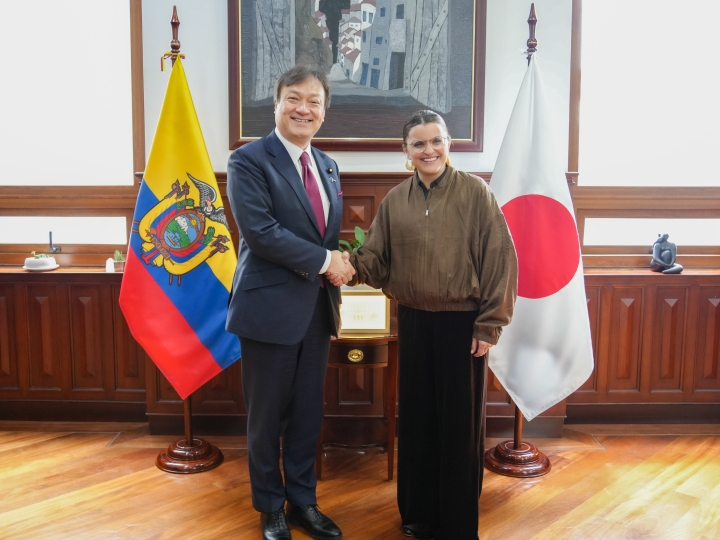 握手をする堀井副大臣とピント大統領代行