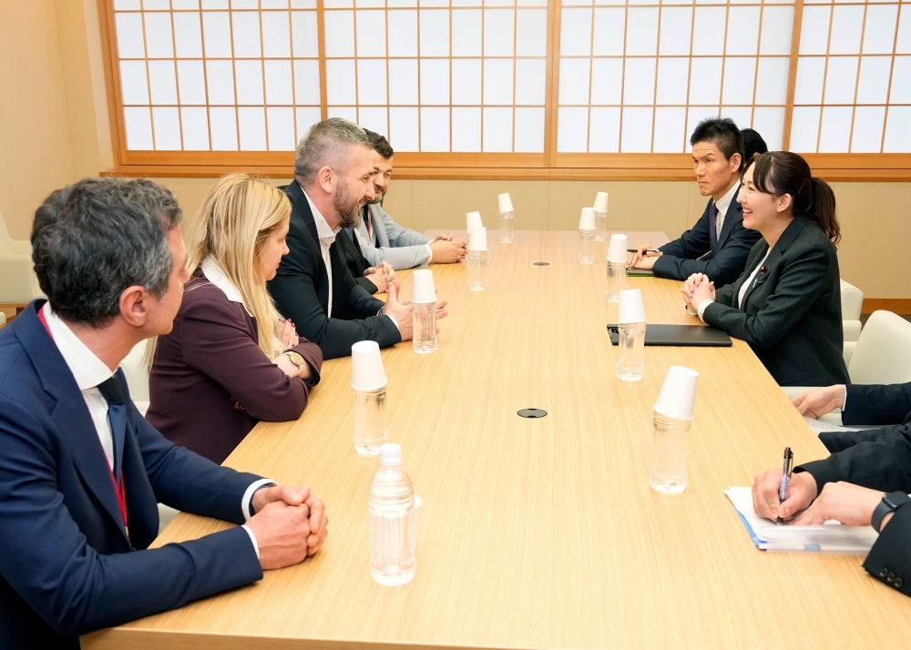 英利外務大臣政務官と西バルカン諸国及びスロベニア共和国の政府関係者との意見交換をする様子