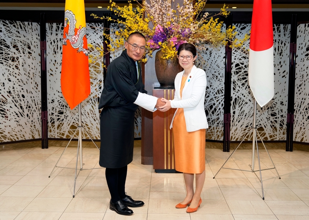 両国国旗の前で握手するトブゲー首相と国光副大臣