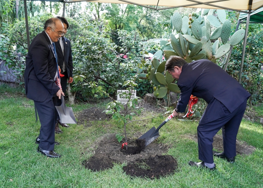記念植樹を実施する茂木外務大臣