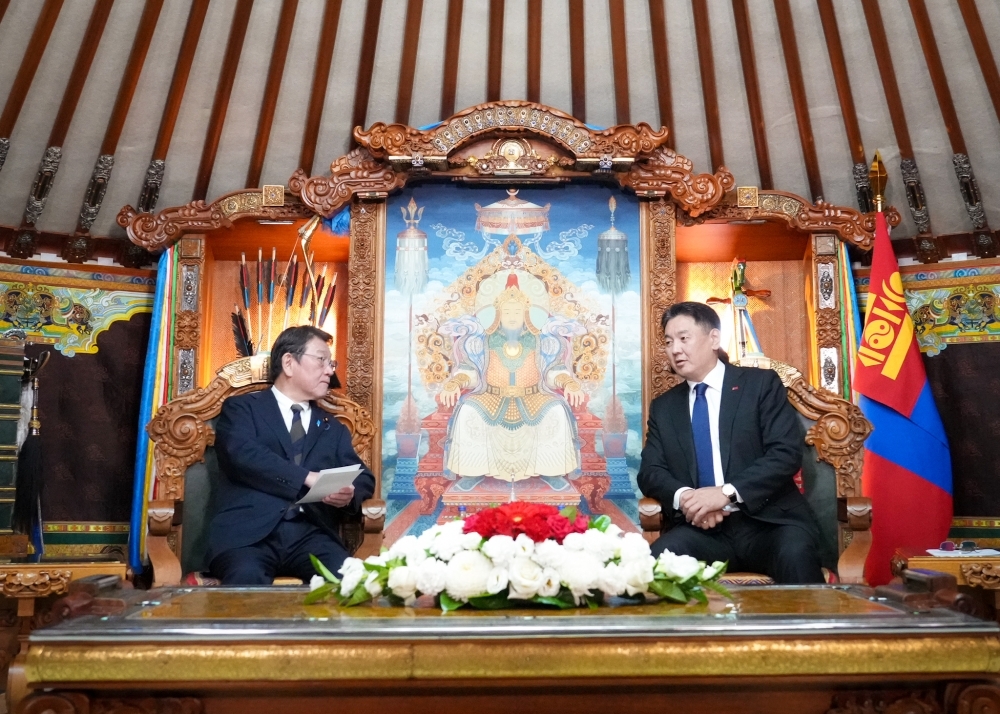 意見交換をする茂木外務大臣とフレルスフ大統領