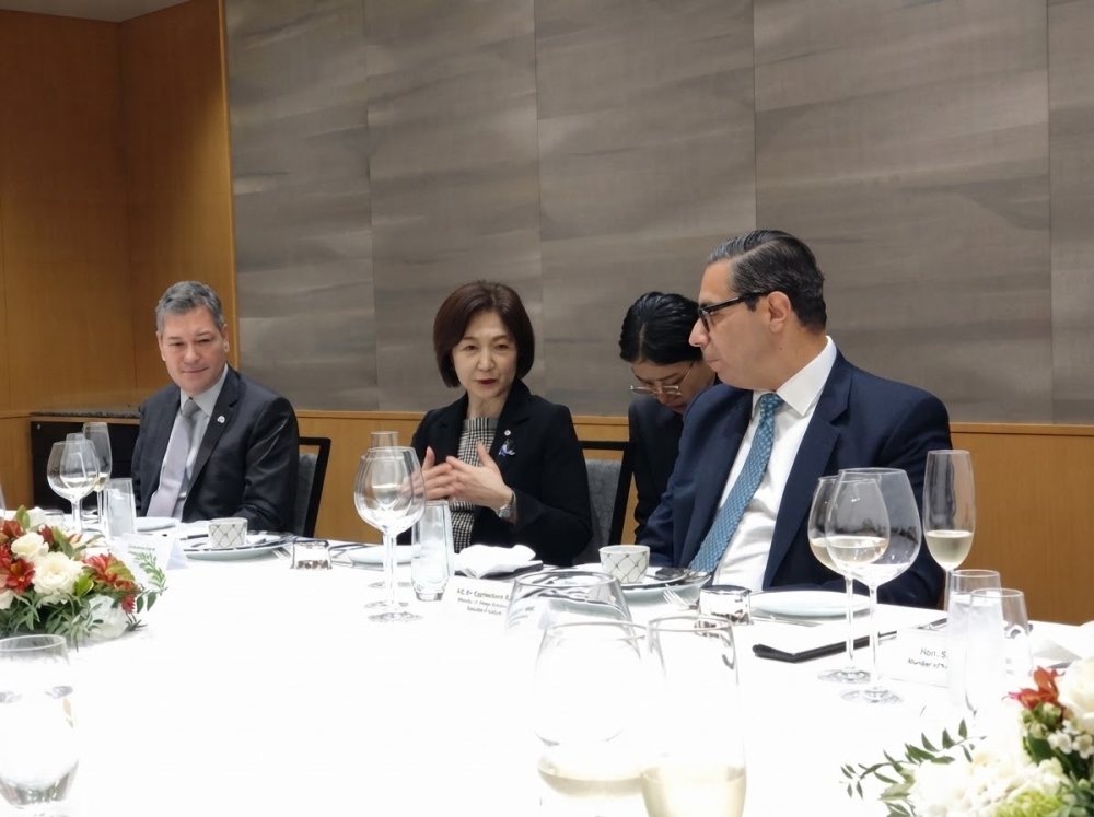夕食会で意見交換をする生稲外務大臣政務官とコンボス・キプロス外務大臣