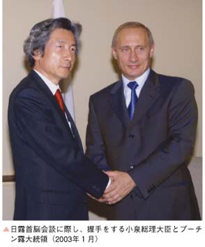 日露首脳会談に際し、握手をする小泉総理大臣とプーチン露大統領（2003年１月）