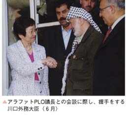 アラファトPLO議長との会談に際し、握手をする川口外務大臣（６月）