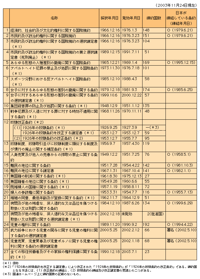 国連が中心となって作成した人権関係諸条約