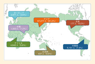 各地域の帰国留学生会員数(2015年8月現在)