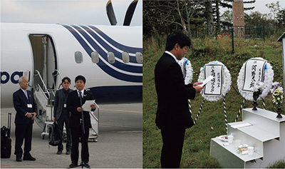 航空機を利用した元島民による北方領土特別墓参団に同行する中根外務副大臣(9月24日、左:中標津空港、右:古釜布(ふるかまっぷ)墓地)