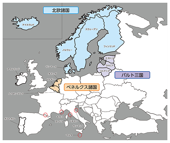 世界地図（北欧諸国、ベネルクス諸国、バルト三国）