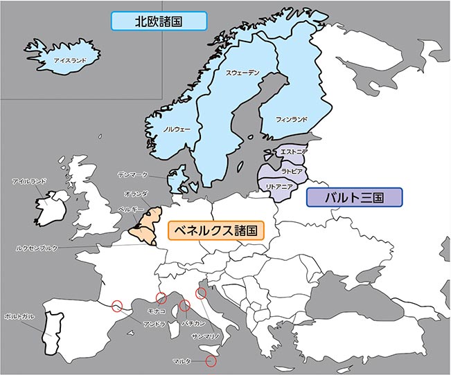 世界地図(北欧諸国、ベネルクス諸国、バルト三国)