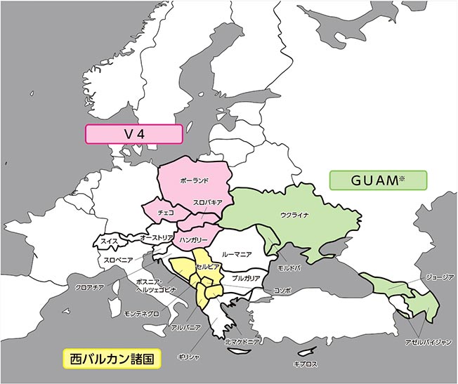 世界地図(V4、西バルカン諸国、GUAM)
