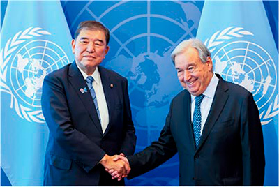 国連総会ハイレベルウィークにおける石破総理大臣とグテーレス国連事務総長との会談(9月23日、米国・ニューヨーク 写真提供:首相官邸ホームページ)
