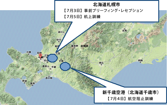 （訓練日程・場所）北海道札幌市【7月3日】事前ブリーフィング・レセプション【7月5日】机上訓練，新千歳空港（北海道千歳市）【7月4日】航空阻止訓練