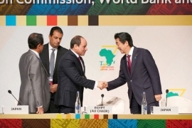 （写真3）共同記者会見後，エルシーシ・エジプト大統領（AU議長）と握手する安倍総理