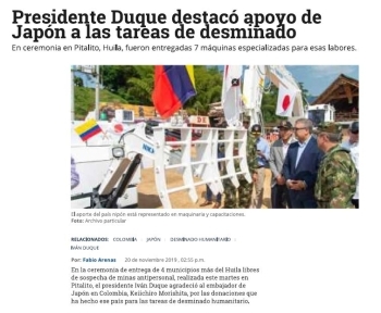 Presidente Duque destaco apoyo de Japan a las tareas de desminado（c）El Tiempo （エル・ティエンポ紙）