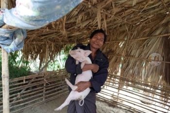 (写真4)子豚を抱える男性