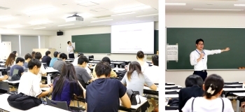 帝京大学にて国際協力局国別開発協力第1課の曾川宏彬主査がODA出前講座を行っている様子