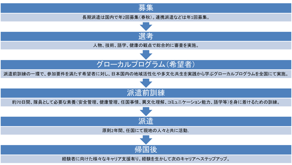 国内募集の流れの図(募集、選考、グローカルプログラム、派遣前訓練、派遣、帰国後)