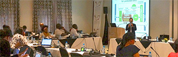 （写真11）ナミビアで開催された南部アフリカ開発共同体（SADC）主催の回廊開発国際会議でナミビアの物流立国構想の開発シナリオを説明する筆者（2016年9月）