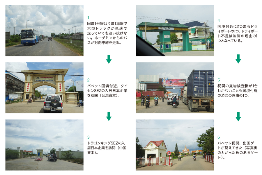 1 国道1号線は片道1車線で大型トラックが低速で走っていても追い抜けない。ホーチミンからのバスが対向車線を走る。2 バベット国境付近、タイセンSEZの入居日本企業を訪問(台湾資本)。3 ドラゴンキングSEZの入居日本企業を訪問(中国資本)。4 国境付近に2つあるドライポートの1つ。ドライポート不足は渋滞の理由の1つとなっている。5 税関の貨物検査機が1台しかないことも国境付近の渋滞の理由の1つ。6 バベット税関、出国ゲートが見えてきた(写真奥のとがった角のあるゲート)。