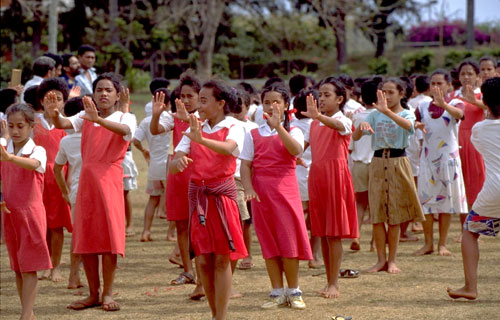 小学校での民族舞踊の練習中の写真
