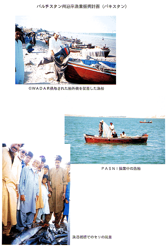 （写真）GWADAR供与された船外機を装着した漁船、PASNI操業中の漁船、漁港桟橋でのセリの風景