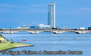 新潟市中央区と信濃川やすらぎ堤左岸