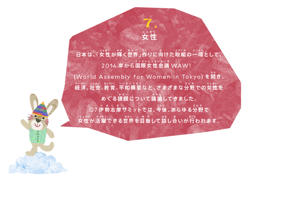 女性
日本は、「女性が輝く世界」作りに向けた取組の一環として、2014年から国際女性会議WAW!　(World Assembly for Women in Tokyo)を開き、経済、社会、教育、平和構築など、さまざまな分野での女性をめぐる課題について議論してきました。
G7伊勢志摩サミットでは、今後、あらゆる分野で女性が活躍できる世界を目指して話し合いが行われます。