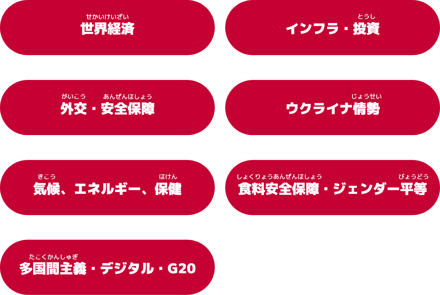 世界経済、インフラ・投資、外交・安全保障、ウクライナ情勢、気候、エネルギー、保健、食料安全保障・ジェンダー平等、 多国間主義・デジタル・G20