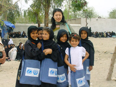 Hiroko Watanabe, dispatched to UNICEF from a Japanese NGO, attends the opening of a girls' school in Jalalabad.