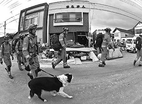 A British rescue team conducts a search in Ofunato City, Iwate Prefecture, on March 15, 2011