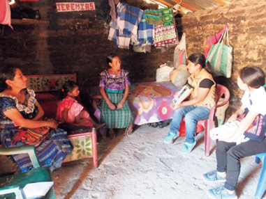 A TBA (far left) and two AMDA-MINDS personnel (seated at right) making a door-to-door visit to a pregnant woman’s home. They are providing advice on the woman’s lifestyle and danger signs during pregnancy. (Photo: AMDA-MINDS)