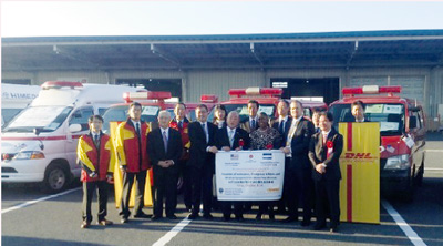 Ceremony for dispatching assistance materials for Ebola response to Liberia and Sierra Leone financed by the FY 2014 Grant Assistance for Grass roots Human Security (October 28, Narita International Airport)